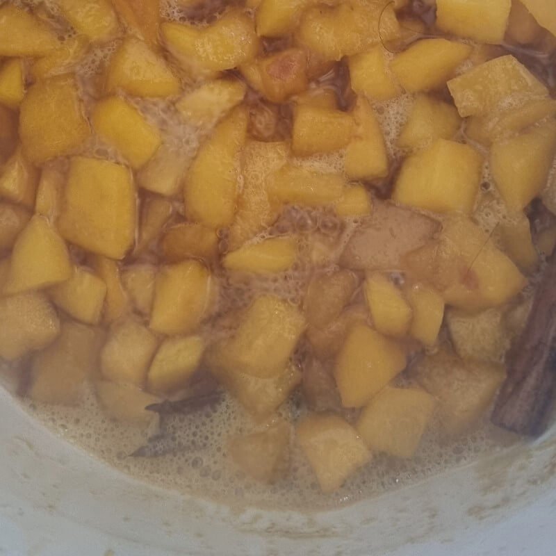 Jucho bebida tradicional de la sierra central ecuatoriana. Preparación Paso 1: Cocinar los duraznos con canela y panela.