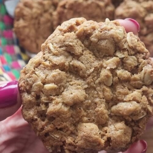 Galletas veganas proteicas de avena sin gluten crocantes que haremos en la receta de hoy sostenidas por Erika.