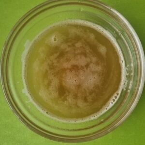 Paso 3 de la preparación de agrio ecuatoriano: Nuestra mezcla de kombucha, limón, panela, sal y agua en pequeño bowl para poder corregir la sal y el dulce.