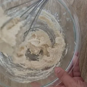 Mezcla de proteína de soya, mantequilla vegana, leche vegetal, vainilla y el azúcar para alfajores manabitas.